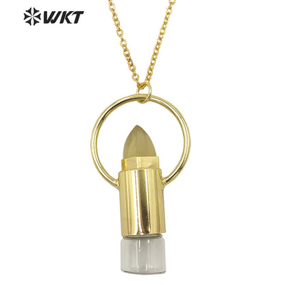 WT-N1295 WKT Women Bohemian Style Gold Plated Roll Gemstone Perfume Bottle Necklace Big Healing Stone Quartz Perfume Bottle