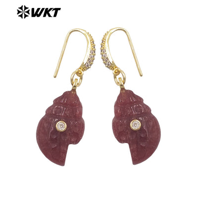 WT-E828 New Product Zircon And Various Natural Gemstones Conch Shape Gold Earrings For Girls Summer Beach Wearing Accessory