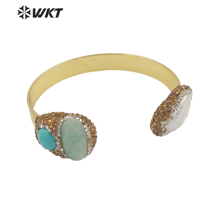 WT-MPB088 WKT Amazing Gorgeous Double Stone Bangle 18k Gold Plated Natural Sun Stone Amazonite Pearl Bangle in Adjustable