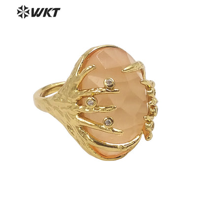 WT-R453 Wholesale Fashion Gold Bezel Claw Setting Oval Stone Ring Women Unique Trendy Cat Eye Stone Made Jewelry Party Ring