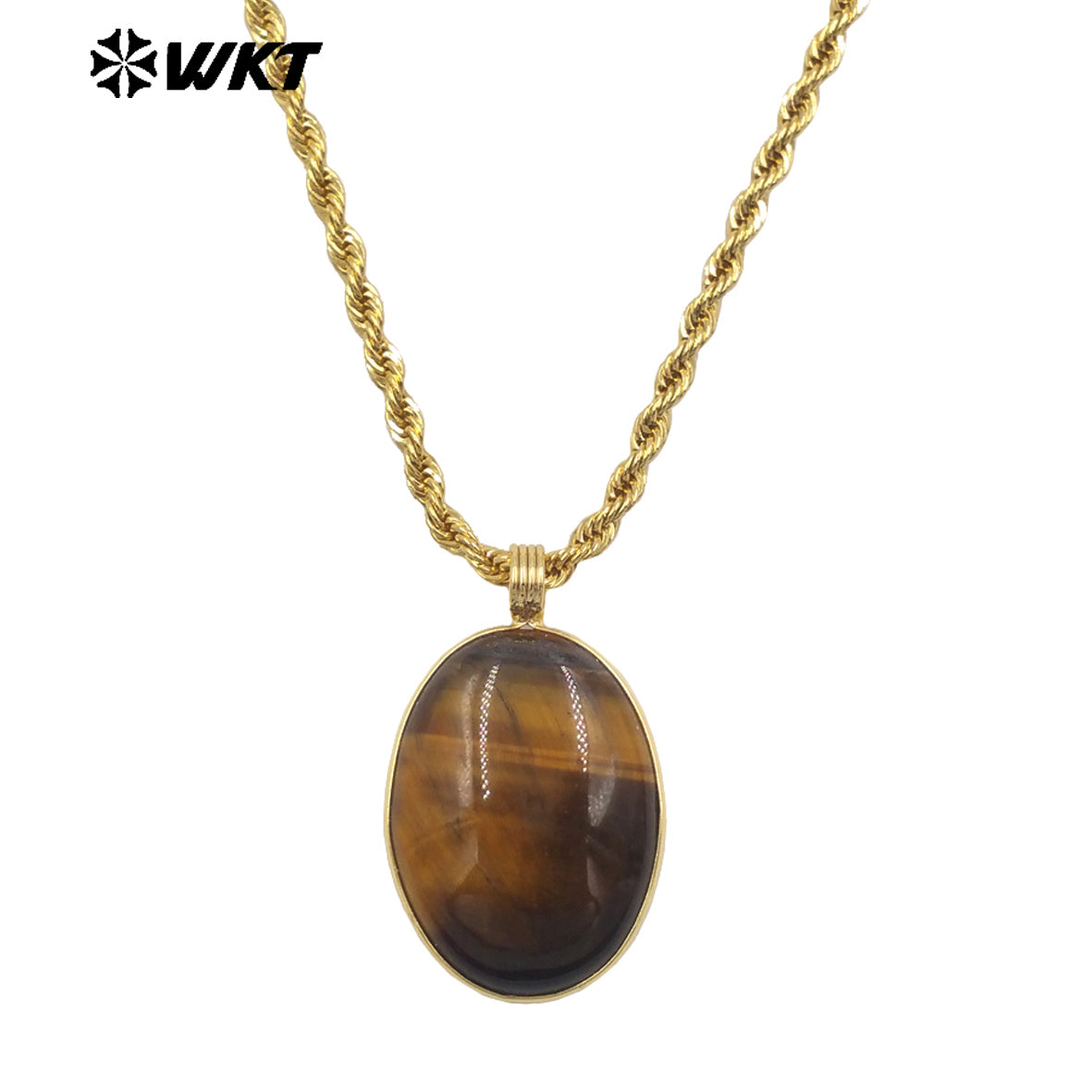 WT-N1539 Good Quality Yellow Brass Gold Plated Chain With Natural Gemstones Round Pendant Necklaces For Simple Style Jewelry