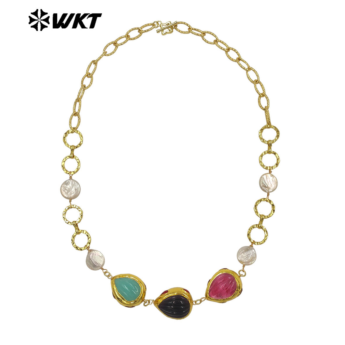 WT-JN372 Exquisite 18K Gold Plated Natural Pearl And Three Colors Glaze Pendants Necklace As Lady Unique Jewelry Accessory