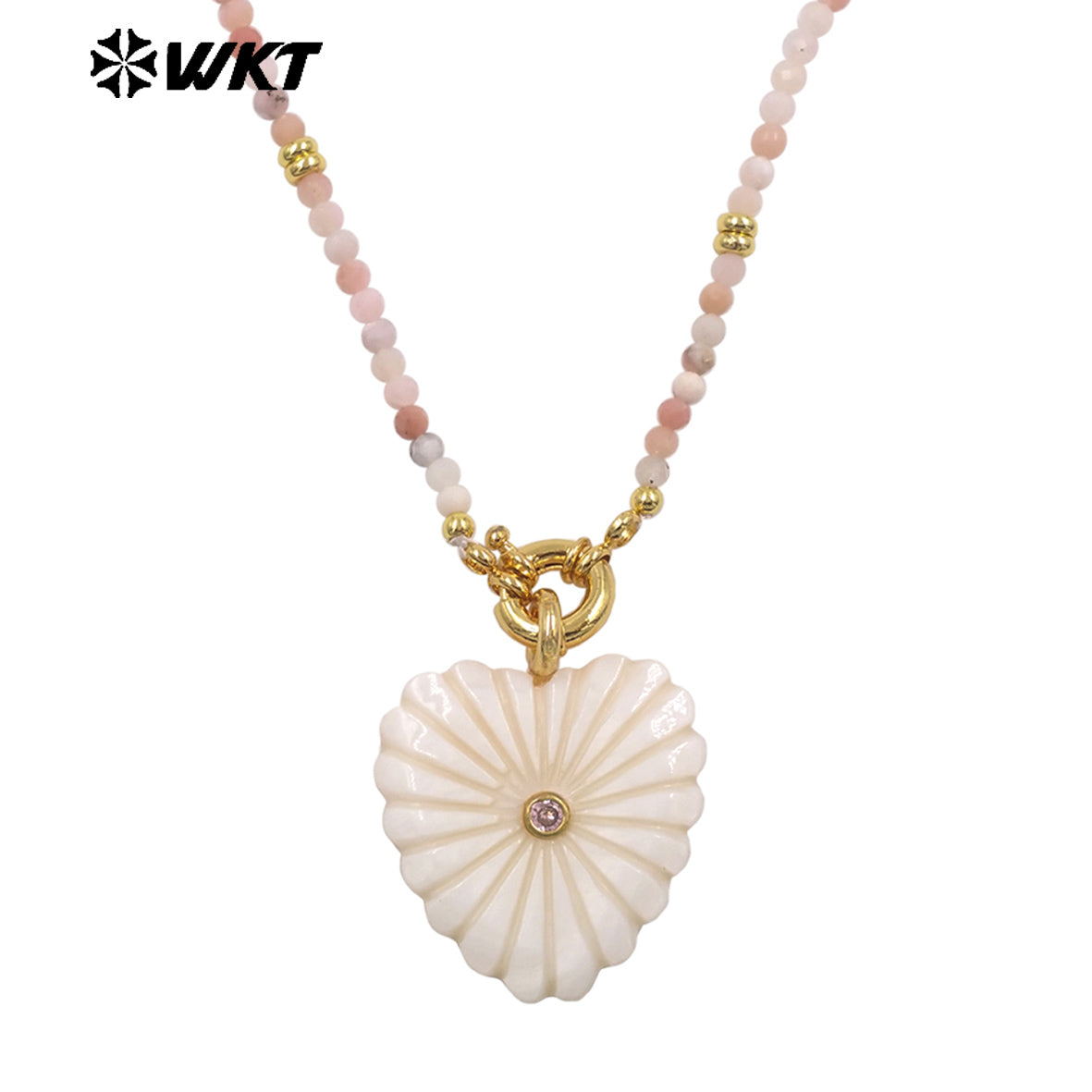 WT-JN404 Popular Fashion Style Natural Gemstone Beads Chain With White Shell Heart Pendants Necklaces For Girls Wearing