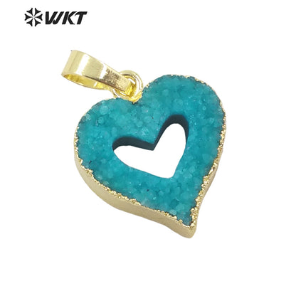 WT-P1668 Wholesale Fashion Small Hollow Heart Druzy Quartz Pendant Resist Tarnishable Gold Trim Druzy Heart Pendant