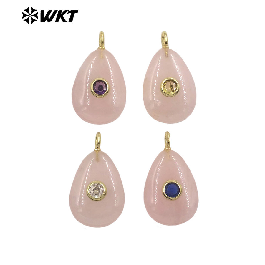 WT-P2022 Simple Design Waterdrop Shape Smooth Natural Gemstones Set In Zircon Small Pendant For Women Earrings DIY Accessory