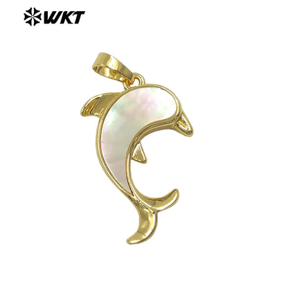 WT-JP512 Lovely Exquisite Gold Plated Natural White Shell And Abalone Dolphin Shape Tiny Pendants For Lady Earrings Making