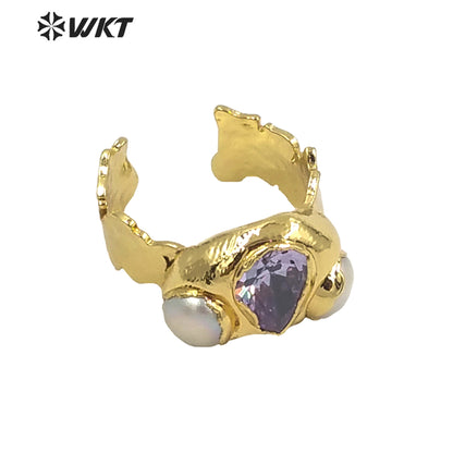 WT-MPR011 WKT Exclusive Gorgeous Natural Pearl CZ Stone Cocktail Ring Women Fashion Gold Electroplated Irregular Lava Stone Ring