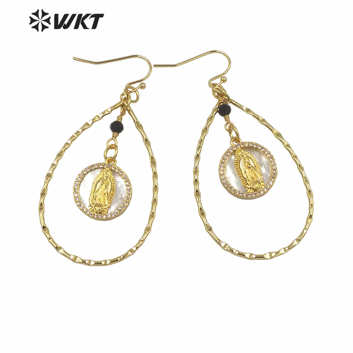 WT-ME080 High Quality Natural Tear Drop Shape Virgin Mary Earrings Gold Electroplated MOP Shell Drop Hoop Earrings for Girl