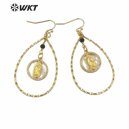WT-ME080 High Quality Natural Tear Drop Shape Virgin Mary Earrings Gold Electroplated MOP Shell Drop Hoop Earrings for Girl