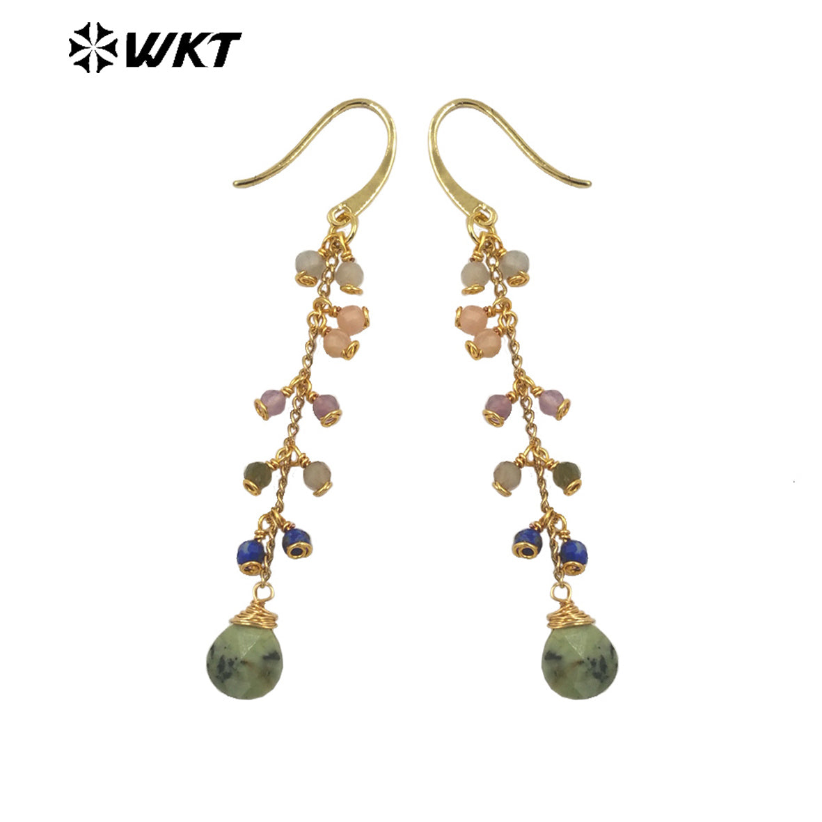 WT-E725 Amazing Colorful Gemstone Wire Wrapped Long Charming Earrings Women Dangle Gold Birthday Stone Earrings in Drop