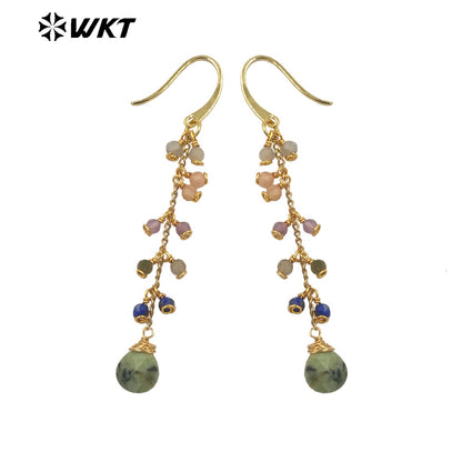 WT-E725 Amazing Colorful Gemstone Wire Wrapped Long Charming Earrings Women Dangle Gold Birthday Stone Earrings in Drop