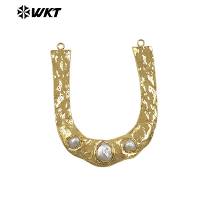 WT-PC014 High Quality 18K Gold Plated Double Loops Natural Freshwater Pearl And Shell Design Connector For Handmade Necklace