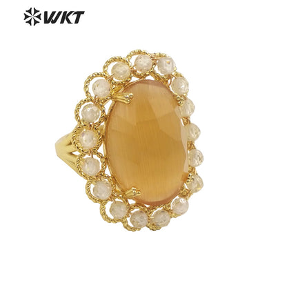 WT-R459 WKT Wholesale New Women 18k Gold Plated Resist Tarnishable Oval Cat Eye Stone Ring Charming Stone Beads Beauty Ring
