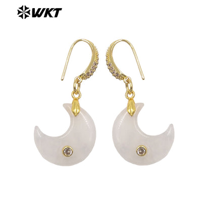 WT-E816 Lovely Style Zircon And Natural Gemstones Moon Shape Little Gold Pendant Earrings As Lady Daily Decorative Jewelry
