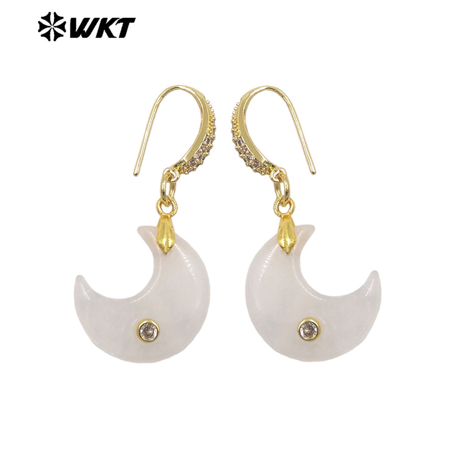 WT-E816 Lovely Style Zircon And Natural Gemstones Moon Shape Little Gold Pendant Earrings As Lady Daily Decorative Jewelry