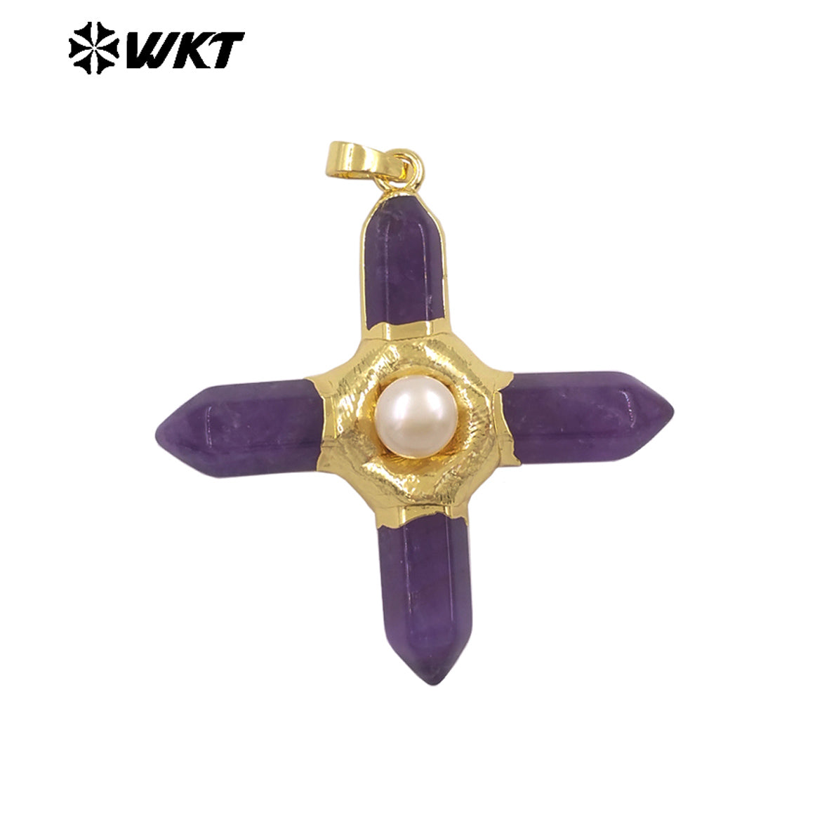 WT-P1967 Wholesale Fashion Gold Plated Cross Healing Energy Gemstone Point Anchor Pendants Special Rose Quartz Jewelry