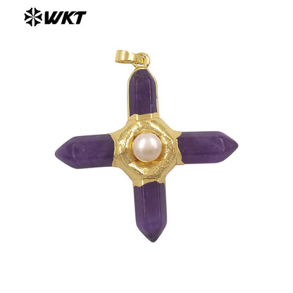 WT-P1967 Wholesale Fashion Gold Plated Cross Healing Energy Gemstone Point Anchor Pendants Special Rose Quartz Jewelry