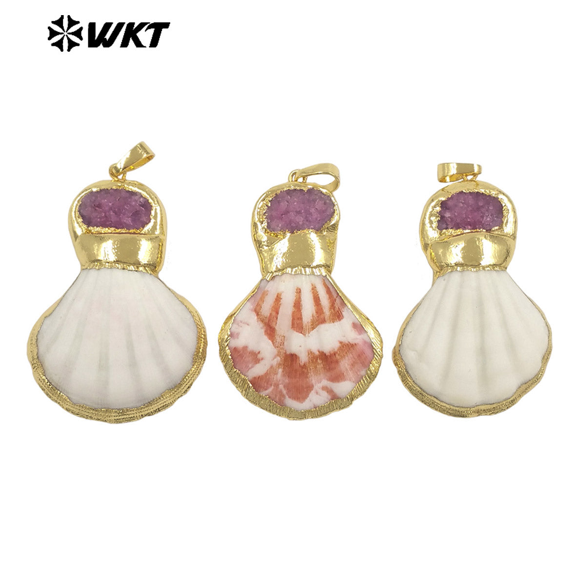 WT-JP507 New Arrival Gold Electroplated Natural Scallop Shell And Druzy Quartz Stone Splicing Pendant For Unique Jewelry DIY
