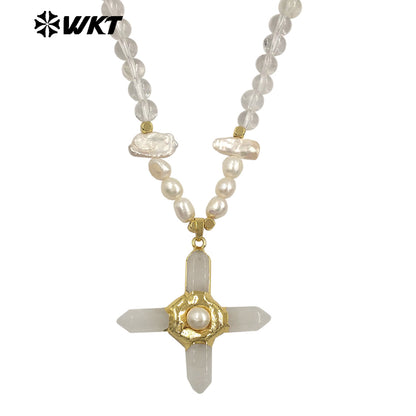 WT-JN375 High Quality Women Beautiful Gold Plated Natural Gemstones And Pearl Splicing Chain With Stone Cross Pendant Necklace