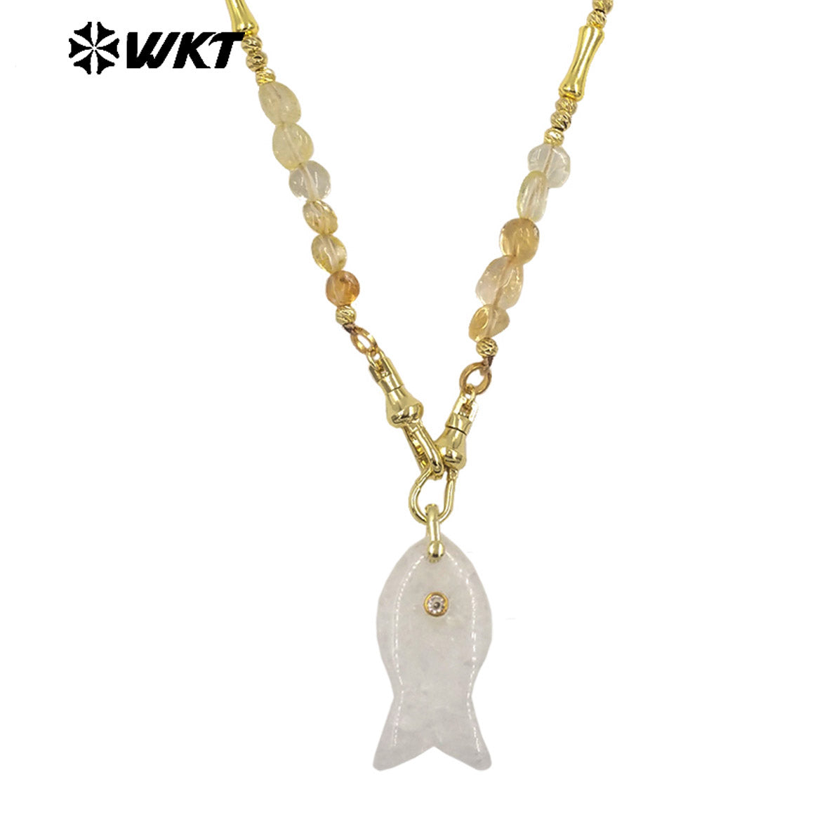 WT-N1522 Wonderful Stone Beads Splicing Metal Gold Chain With Natural Gemstones Fish Shape Pendant Necklaces For Women Gift