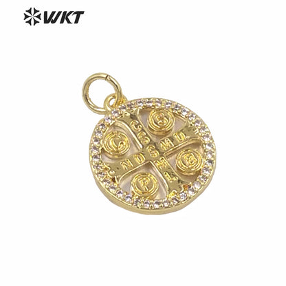 WT-MP154 New Hot Sales Gold Electroplated Round Tiny Religious Cross Pendant Women Fashion Jewelry Round Jesus Cross Pendants