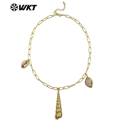 WT-JN317 Fashion Women Bohemian Vintage Style Big Link Chain Natural Cowrie Trumpet Shell Necklace For Summer
