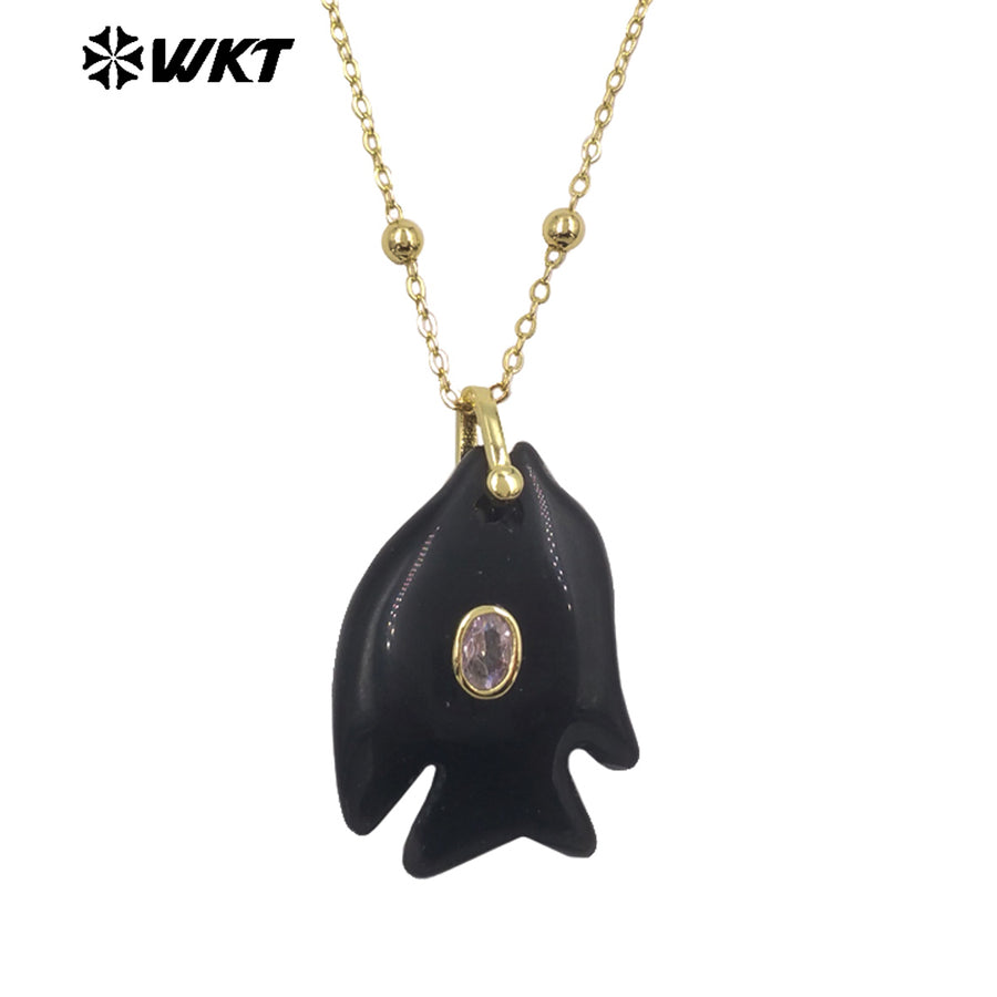 WT-N1511 Ocean Series Bead Chain And Zircon Setting In Natural Gemstones Fish Shape Pendant Necklace As Lady Trendy Matching