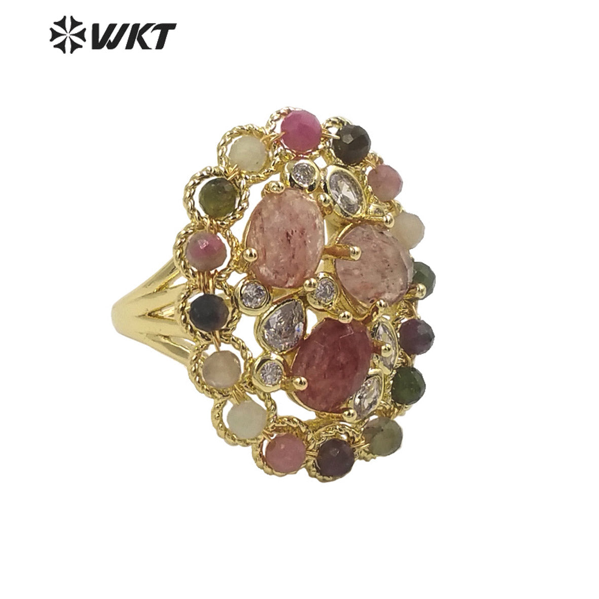 WT-R457 WKT New Design Fashion Gold Bezel Natural Stone by Claw Setting Ring Gorgeous Big Multi Real Stone Women Ring