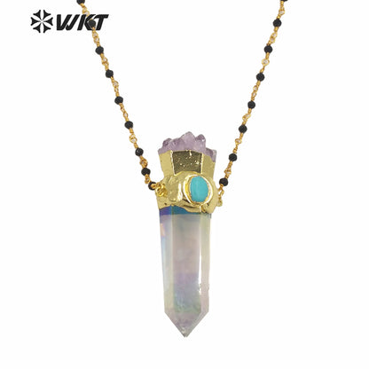 WT-N1252 Wholesale Gold Electroplated Natural Aura Spirit Quartz Necklace Women Fashion Chunky Crystal Point Quartz Necklace