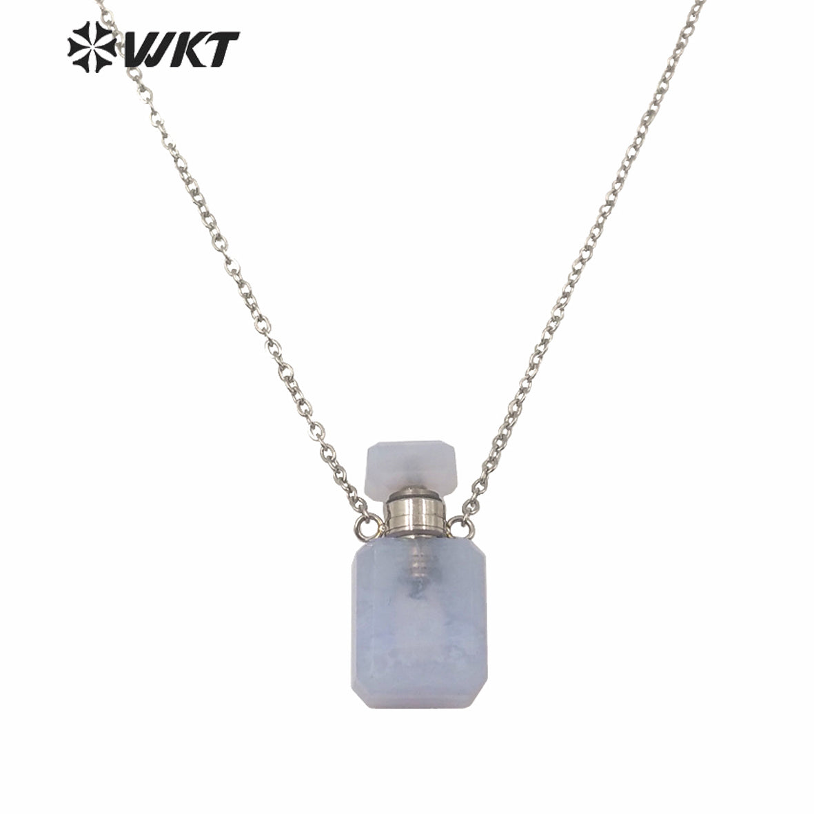 WT-N1240 WKT New Design Small Size Stainless Steel Chain Stone Bottle Necklace Mini square Steel France Perfume Bottle Necklace