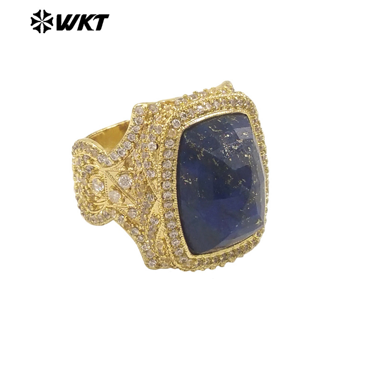 WT-MR033 Wholesale Fashion 18K Real Gold Plated Cubic Zircon and Natural Amazonite Amethyst Stone Ring for Women