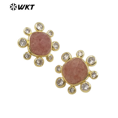 WT-ME091 Wholesale Newest Fashion square Gemstone with clear Cubic Zircon Around Setting Earrings Studs Gold Birthday Earring