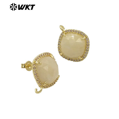 JFE120 Women Popular Fashion Gold Plated 10MM Square Natural Gemstone Amazonite Earring Studs With Hoop for DIY