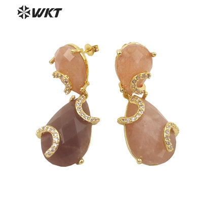 WT-E692 WKT New Design Colorful Spring Match Style Faceted Natural Stone Teardrop Earrings with Cubic Zircon Earrings for Party