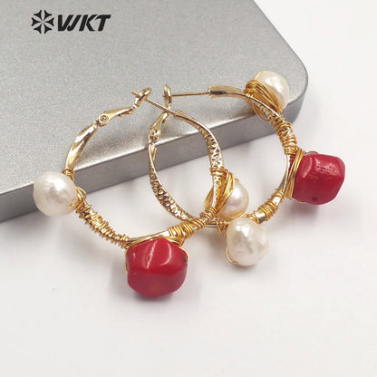 WT-MPE029 Amazing Hiperbole Women Fashion Real Stone Earrings Gold Handmade Wire Wrapped Big Hollow Ear Buckle Queen Party Ear