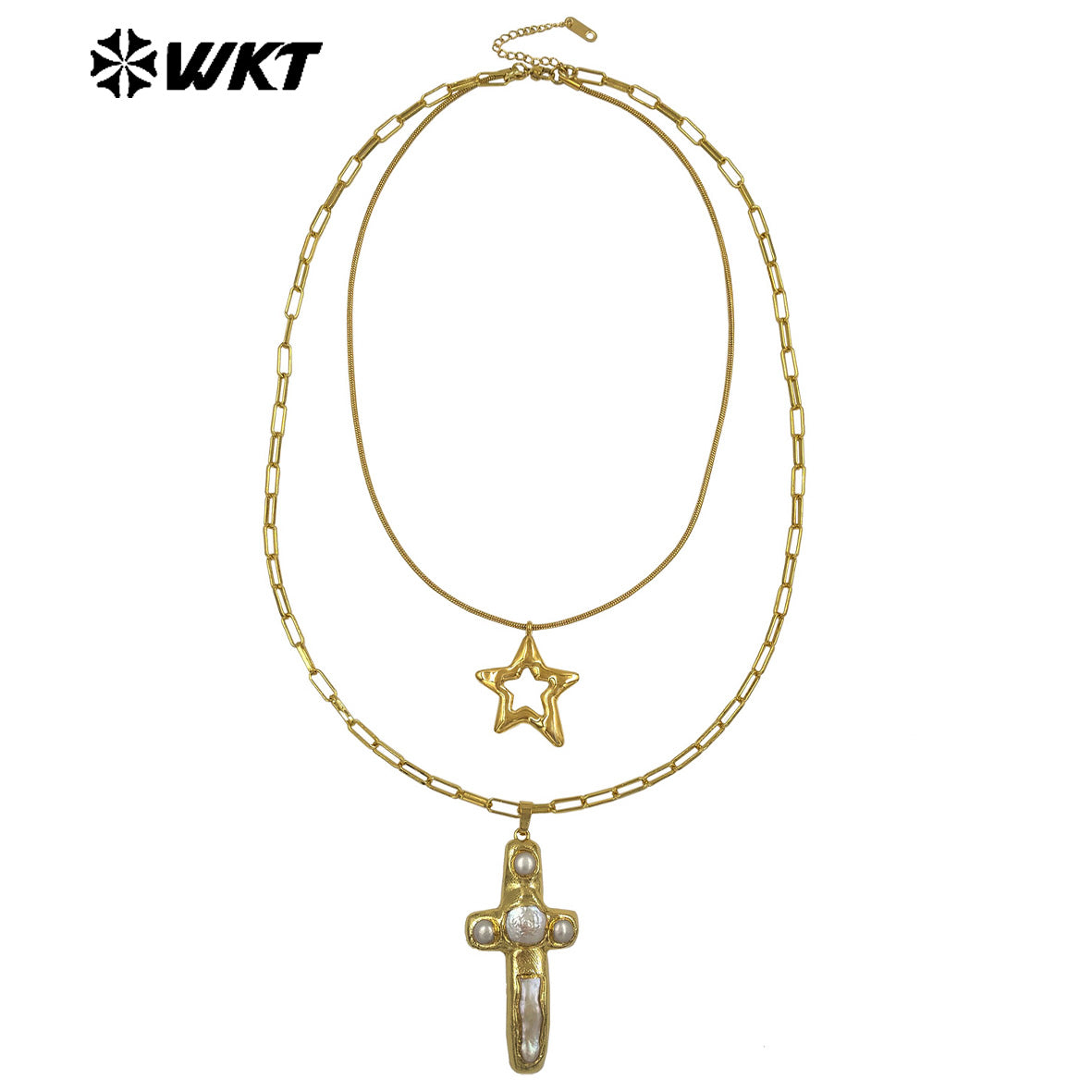 WT-JN366 Vintage 18K Gold Plated Natural Freshwater Pearl Cross And Flower Star Pendant Double Layers Necklace As Party Gifts