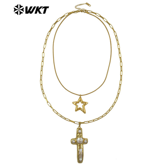 WT-JN366 Vintage 18K Gold Plated Natural Freshwater Pearl Cross And Flower Star Pendant Double Layers Necklace As Party Gifts