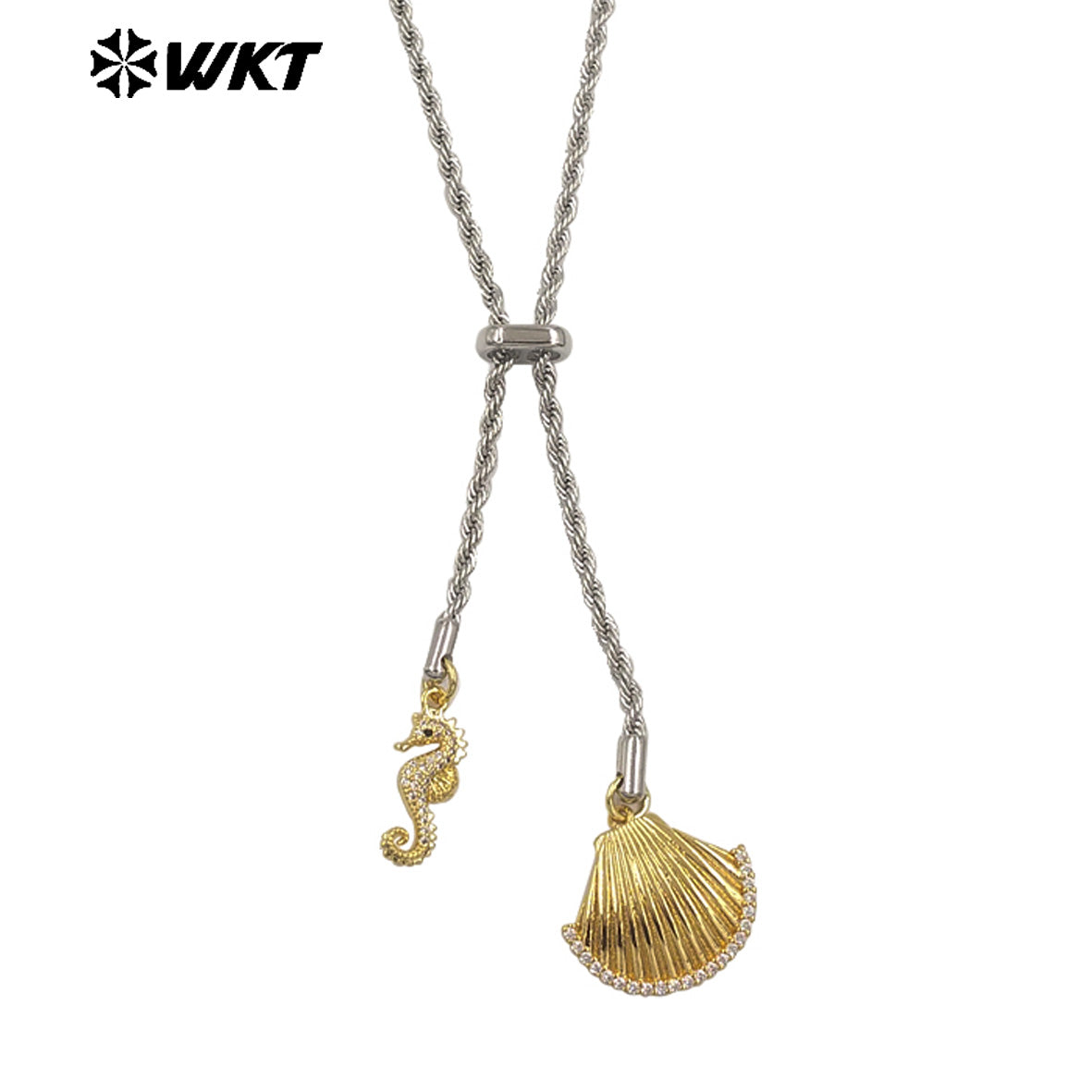 WT-JFN54 Lovely Double Gold Plated Brass And Zircon Shell Fish Charms With Silver Chain Necklace As Women Birthday Gift