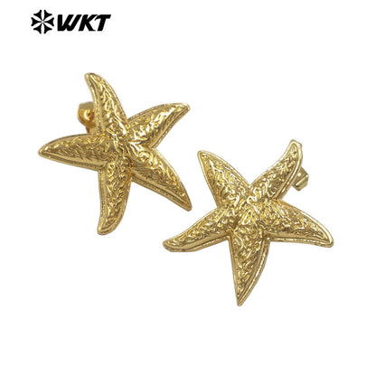 WT-E807 New Arrival Ocean Style Gold Plated Metal Yellow Brass Starfish Shape Earrings As Girls Lovely Simple Jewelry Decoration