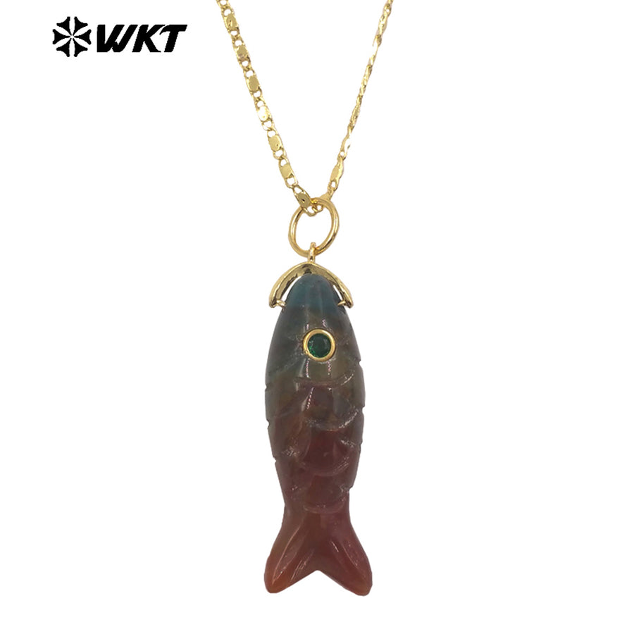 WT-N1512 Delicate Metal Thin Chain And Natural Gemstones Little Fish Shape Pendant Necklaces As Girls Elegant Accessories