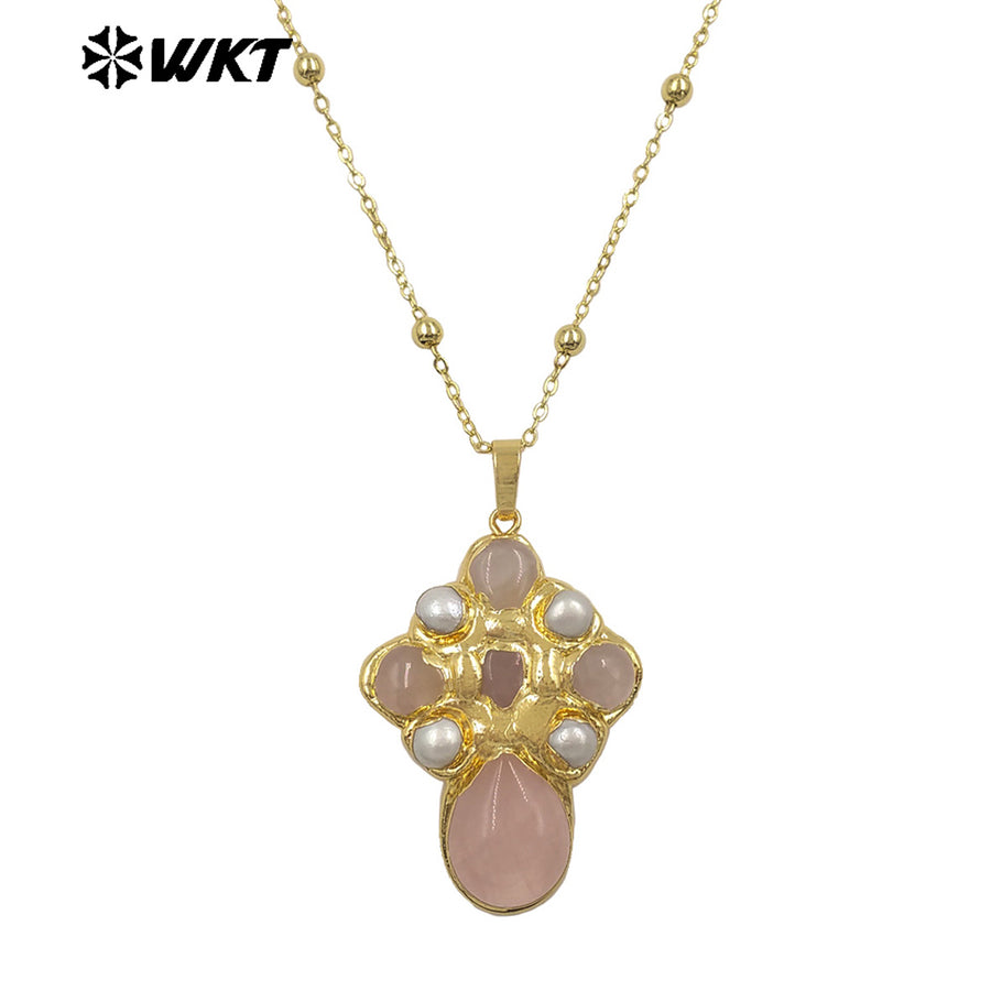 WT-JN297 Brand New Product Elegant 18K Gold Plated Pearl Turquoise Cross Unisex Pendant Necklace Fashion Jewelry Accessories