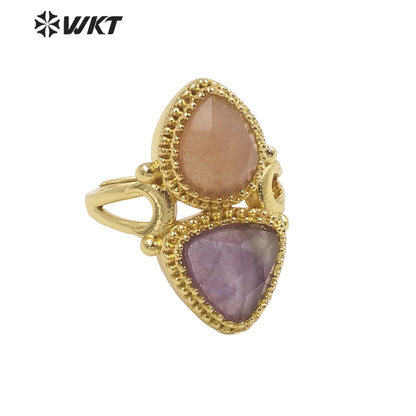 WT-R476 New Design Colorful Natural Gemstone Ring With Women Fashion Gold Plated Peacock Stone Ring Boho Charming Ring