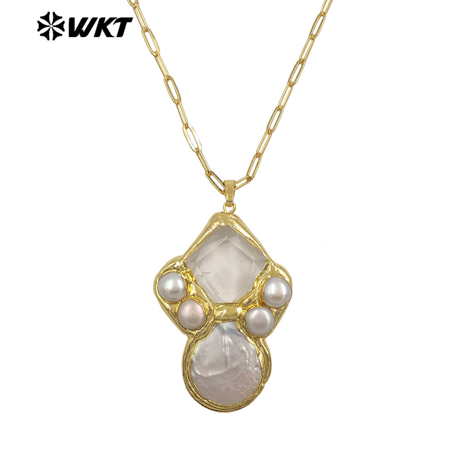 WT-JN345 Delicate Rectangle Chain With Gold Plated Natural Gemstones And Pearl Pendant Necklace For Unique Fashion Birthday Gift