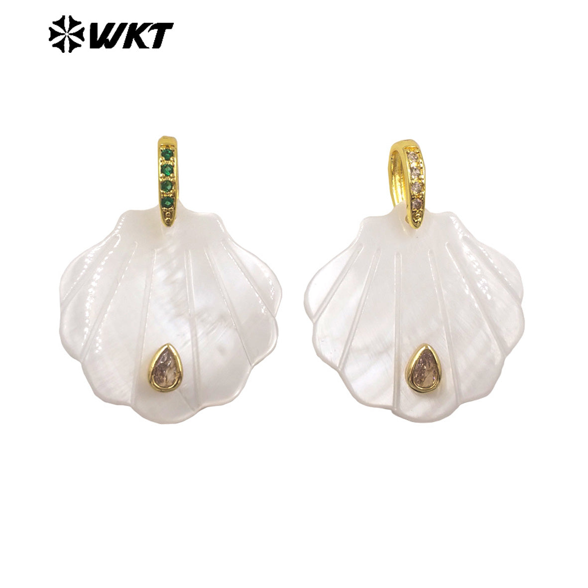 WT-JP478 Women Newest Waterdrop Shape Zircon And White Shell Hand Carved Gold Pendant For Friend Gift Making Accessories