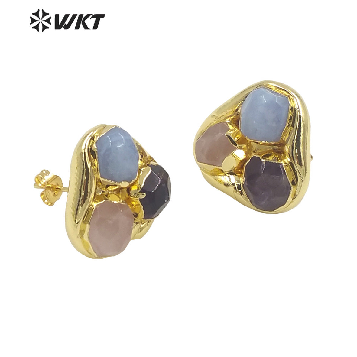 WT-E748 Newest WKT Exclusive Design Natural Triple Assemble Blue Agate Flower Shape Stone Studs America Hot Earrings