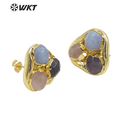 WT-E748 Newest WKT Exclusive Design Natural Triple Assemble Blue Agate Flower Shape Stone Studs America Hot Earrings