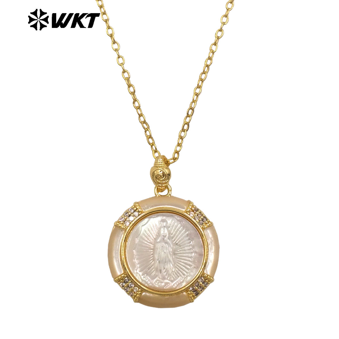 WT-JN357 Newest Gold Plated MOP Shell Hand Carved Religious Style Pattern Round Pendant Necklace For Girls Causal Matching