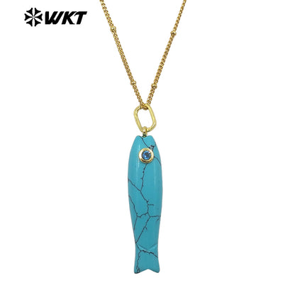 WT-N1535 Charming Trendy Natural Gemstones Little Fish Shape Gold Pendant Necklaces As Female Party Birthday Jewelry Gifts