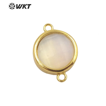 WT-C307 Wholesale Fashion Small Round Gold Bezel Jewelry Connectors Delicate Double Loops Natural Gemstone Charms in 12mm