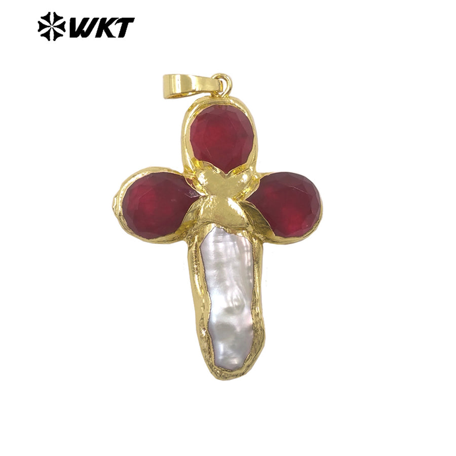 WT-JP382 Classic Cross Shape With Colored Natural Stone Pearl and 18k Gold Plated Pendant for Necklace Accessory